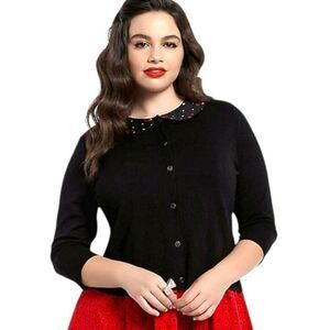 TORRID RETRO CHIC SKULLS/SUNGLASSES DESIGN COLLAR 3/4 Sleeve button- up Sweater